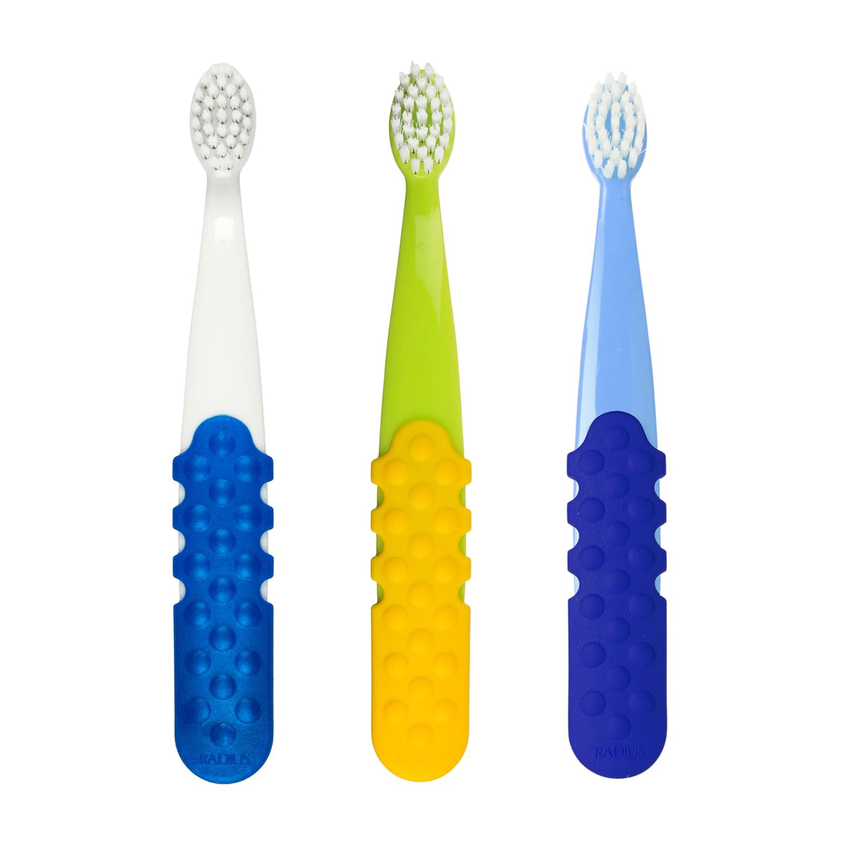 RADIUS Cepillo de dientes para niños, Totz Plus, sedoso, suave, paquete de 3 en colores surtidos, sin BPA y aceptado por ADA, diseñado para dientes y encías delicados, para niños de 3 años en adelante