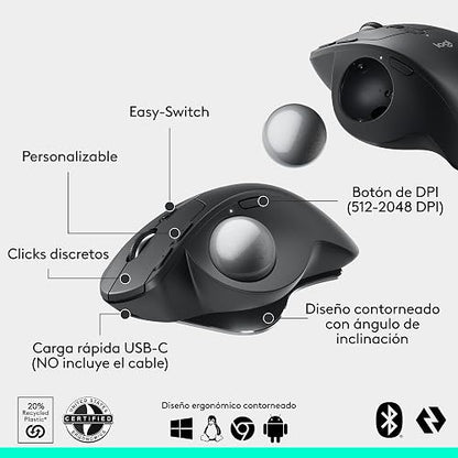 Logitech MX Ergo S Mouse inalámbrico avanzado con trackball, Mouse ergonómico inalámbrico Recargable Mediante USB-C con Bluetooth y dongle cifrado, 6 Botones programables, para PC/Mac - Grafito
