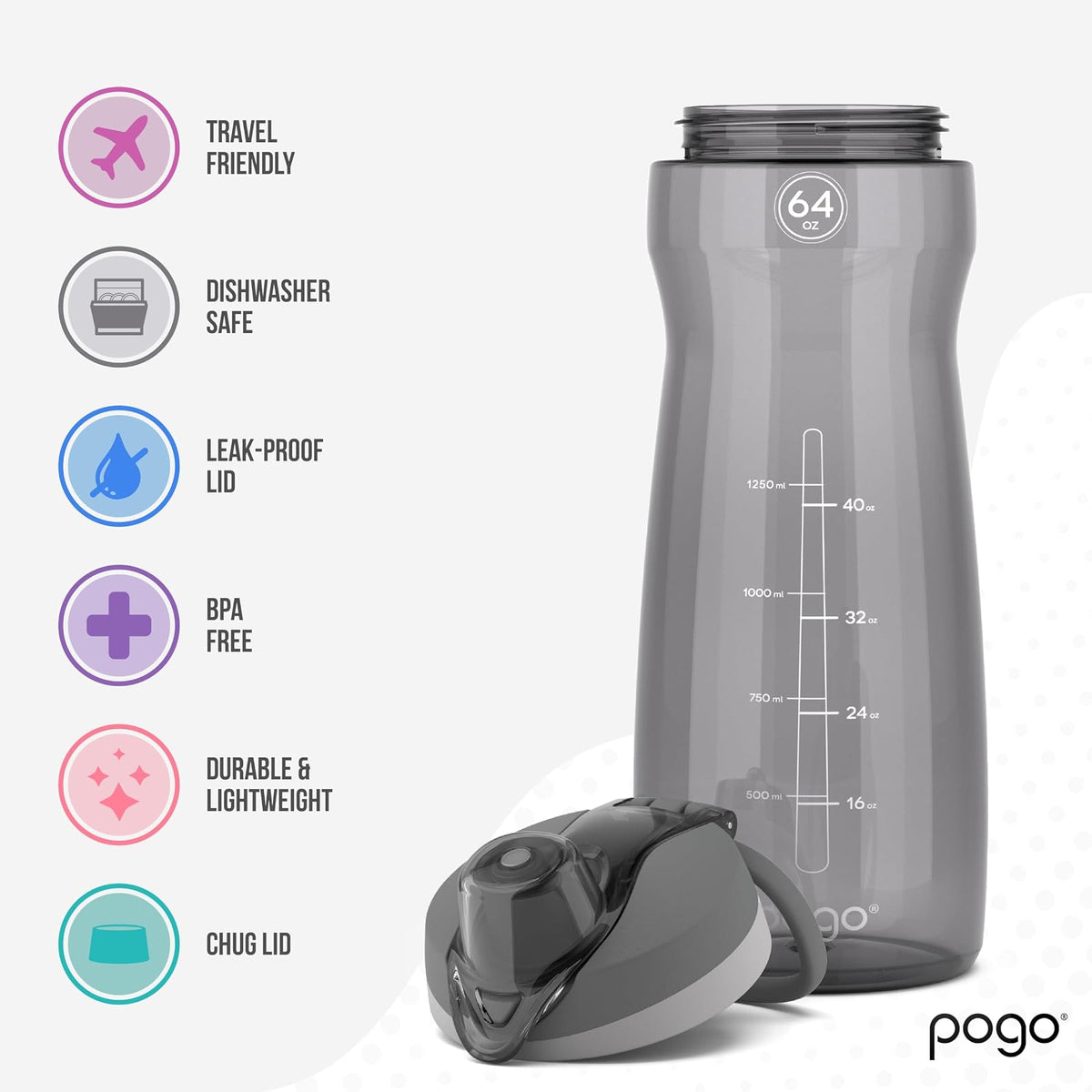 Pogo - Botella de agua de plástico de 64 onzas con tapa a prueba de fugas y asa de transporte, reutilizable, sin BPA, marcas de capacidad, apta para lavaplatos, perfecta para viajes, escuela, al aire