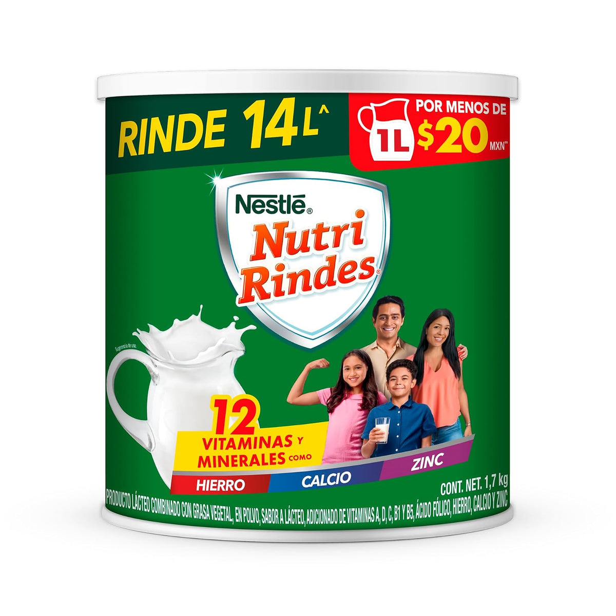 Nutri Rindes en Polvo,Adicionado de Vitaminas A, D, C, B1 y B5, Hierro, Ácido Fólico, Calcio, Hierro y Zinc, Lata de 1.7 kg
