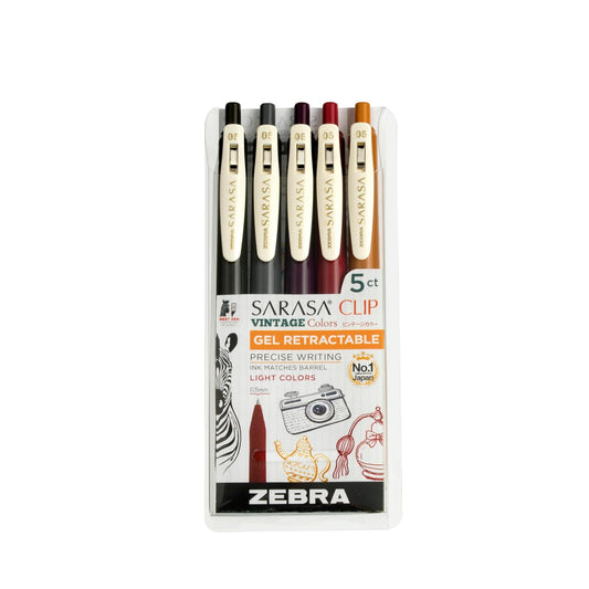 Zebra Pen Sarasa Clip clásico Colors Retráctil, punta fina, 0,5 mm, colores surtidos oscuros, paquete de 5 (47455)