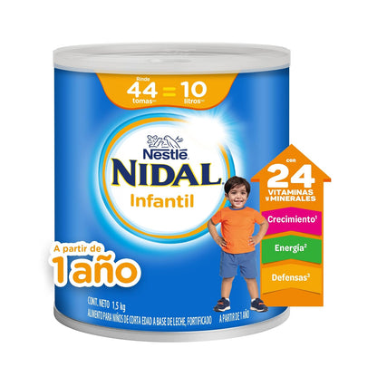Nidal Infantil Alimento Para Niños de Corta Edad a Base de Leche, Fortificado, Apoyando su Crecimiento y Desarrollo, A Partir de 1 Año, Presentación en Lata de 1.5 kg