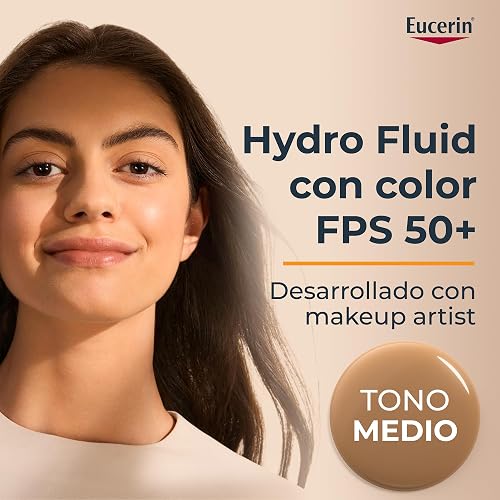 Eucerin Sun Face Hydro-Fluid FPS 50 + Tono Medio 50ml Protector Solar Facial con Color, textura ligera, suave y refrescante. Rápida absorción sin sensación grasosa o pegajosa