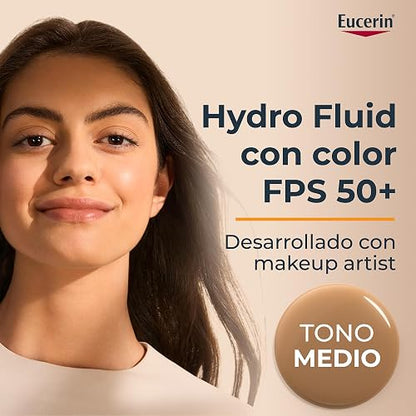 Eucerin Sun Face Hydro-Fluid FPS 50 + Tono Medio 50ml Protector Solar Facial con Color, textura ligera, suave y refrescante. Rápida absorción sin sensación grasosa o pegajosa