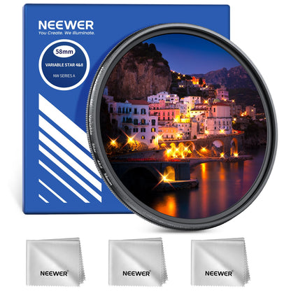NEEWER - Filtro de Estrella Ajustable de 58 mm de 4/8 Puntos, visualización Cruzada giratoria multirevestimiento, Filtro de Lente de cámara, Marco de Metal Delgado y 3 paños de Limpieza para