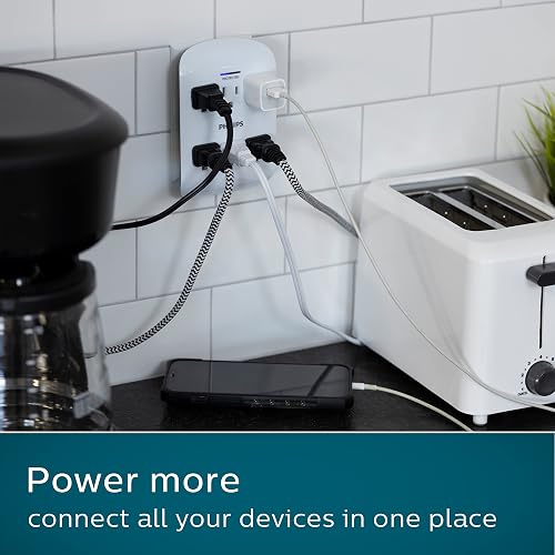 Philips, Multicontacto de Pared de 6 Salidas Con Supresor de Picos, 900 Julios, Luz LED Indicadora de Protecion, Diseño Ahorra Espacio, Certificacion ETL, Blanco, Paquete de 4, SPP3469WA/37