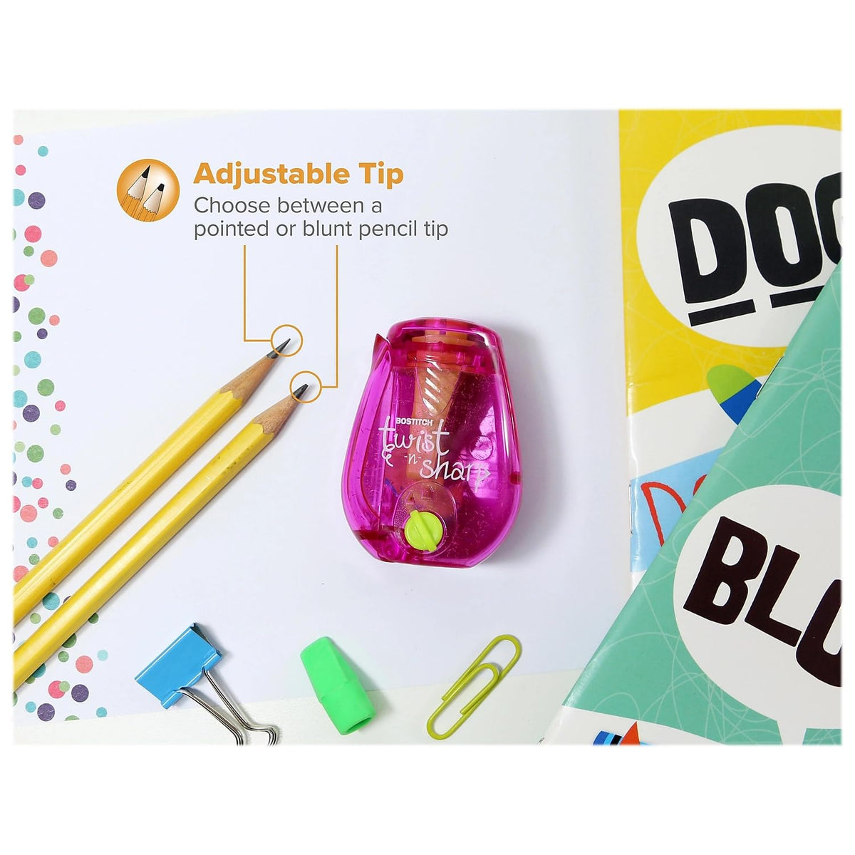 Bostitch Twist-n-Sharp Pencil Sharpener, 3-Pack, For Kids & Colored Pencils, Assorted Colors (PS1-ADJ-3PK)