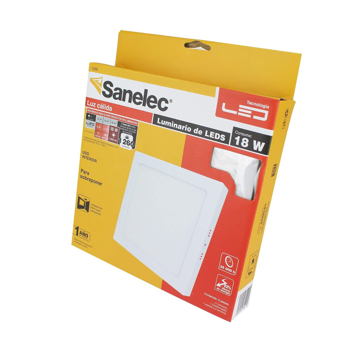 Sanelec 1299 Lámpara Cuadrada de Sobreponer, 18 W, Luz Cálida
