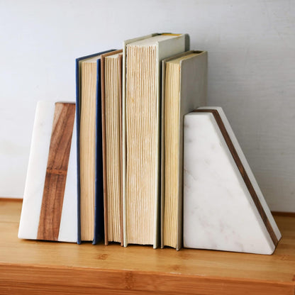 Main + Mesa - Sujetalibros geométricos de mármol con Incrustaciones de Madera, Color Blanco