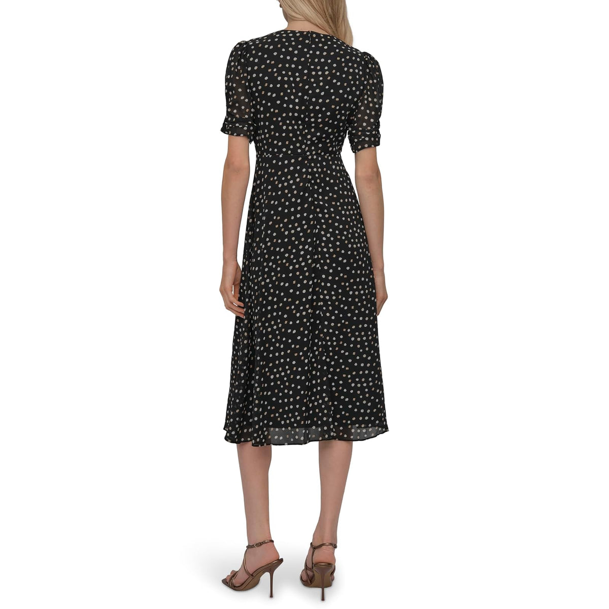 DKNY - Vestido Midi de Manga Corta con Botones en la Parte Delantera y Acampanado, para Mujer
