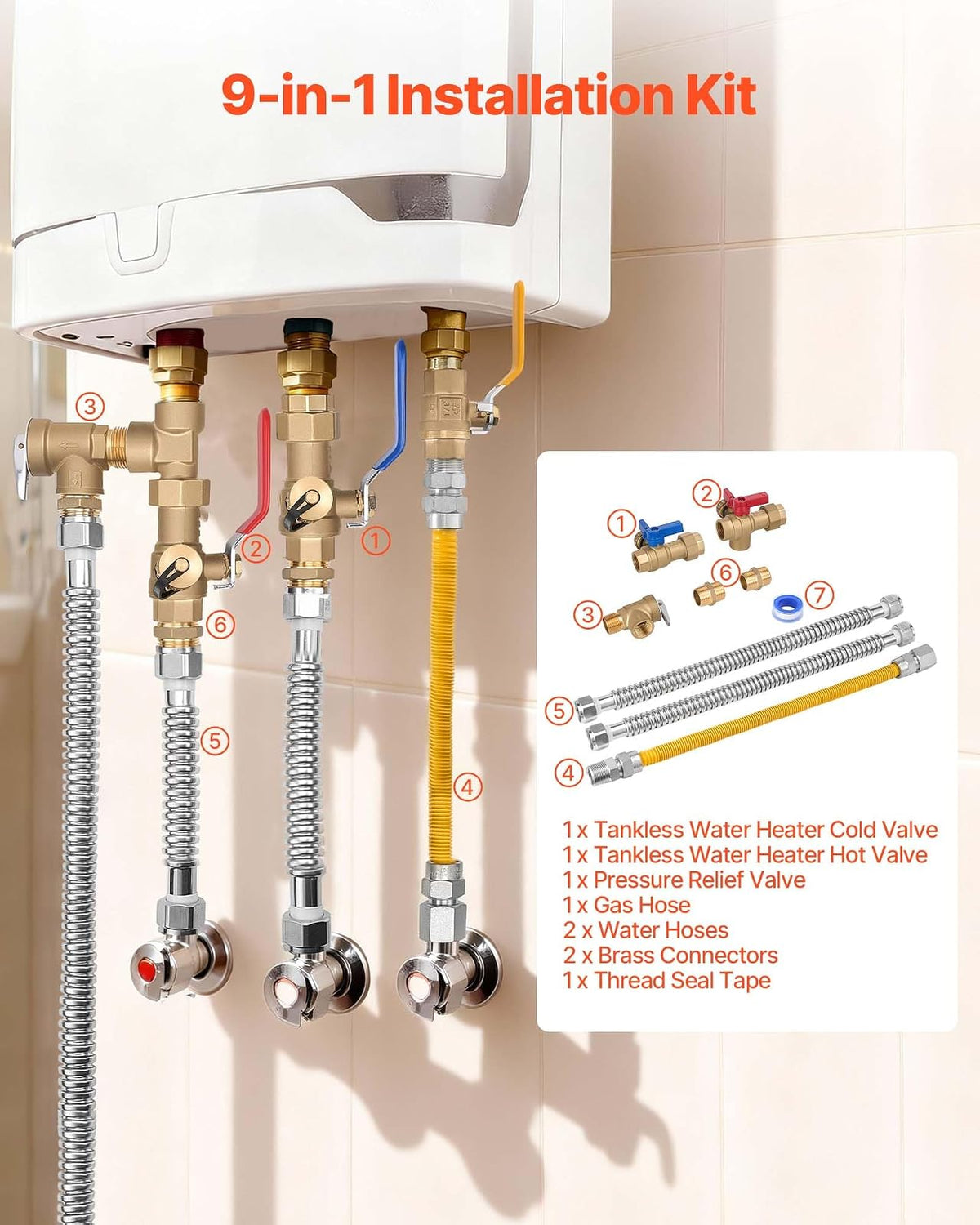 VEVOR Kit para Calentador de Agua, Kit de reparación de tuberías de Agua fría y Caliente de 3/4 Pulgadas con válvulas de Aislamiento WOG de 600, válvula de Alivio de presión