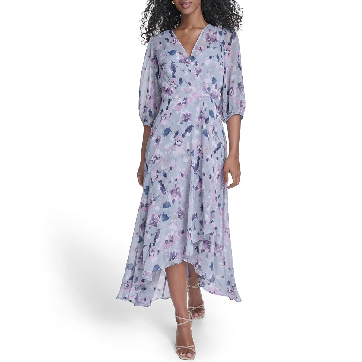 Calvin Klein Chiffon Puff Sleeve Wrap Vneck Dress Vestido Mujer