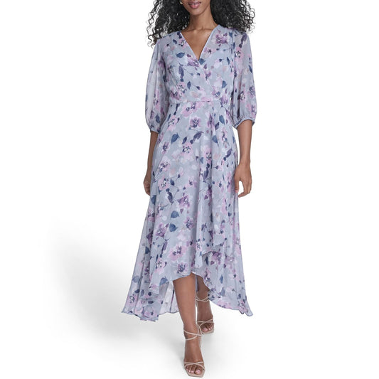 Calvin Klein Chiffon Puff Sleeve Wrap Vneck Dress Vestido Mujer
