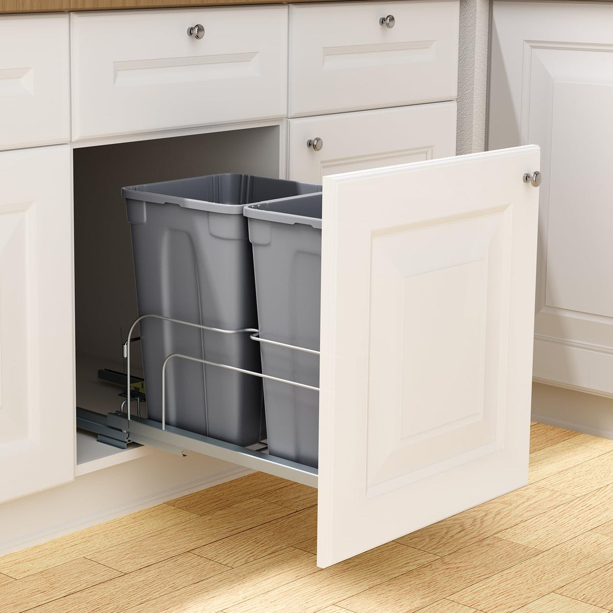 VEVOR Cubo de basura extraíble, 27 cuartos de galón x2, contenedor doble | Para residuos y reciclaje, con kit de puerta y corredera de cierre suave, para armario de cocina, fregadero, color gris.
