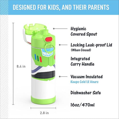 THERMOS FUNTAINER Botella aislada al aspiradora de acero inoxidable de 16 onzas con tapa ancha de boquilla, juguete Story Buzz