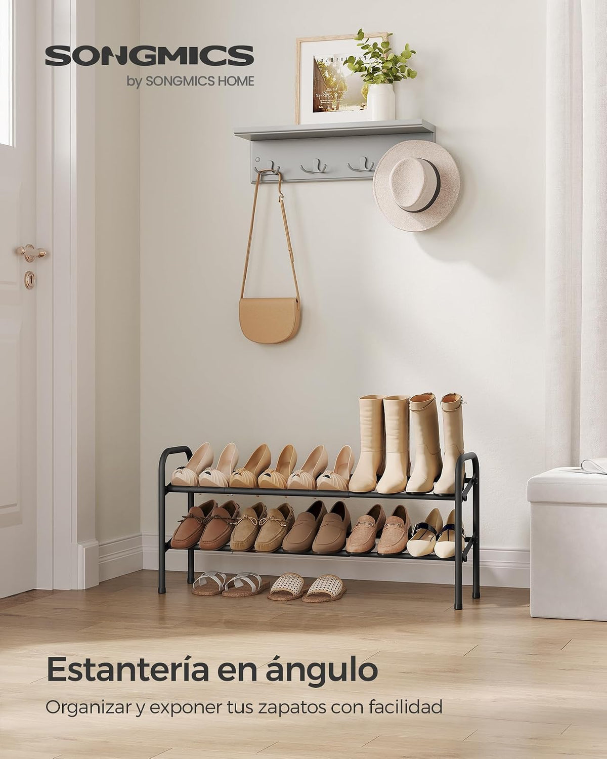 SONGMICS Zapatero Extensible, Zapatero de Metal de 2 Niveles, Organizador de Zapatos Ajustable, Estante Zapatos para Pasillo, Negro Tinta MLMR029B01
