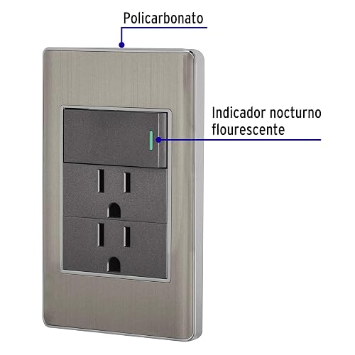 Volteck PA-APCO-L3A, Placa armada 1 interruptor sencillo y 2 contactos de 2 polos + tierra color acero línea Lisboa