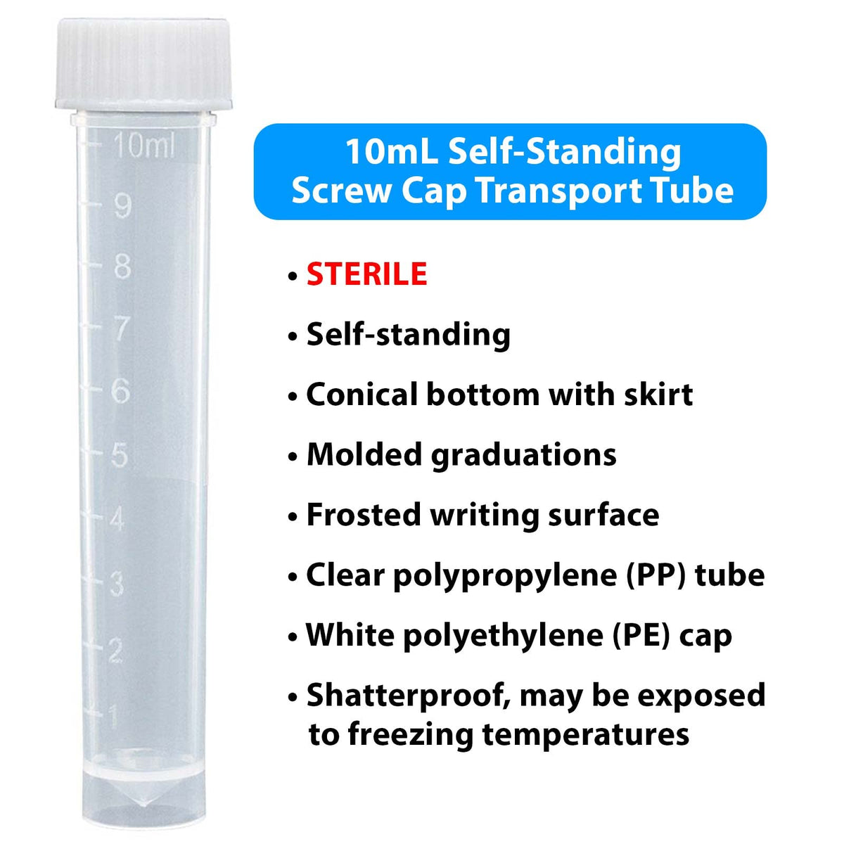 Globe Scientific 6102S - Tubos de transporte con parte inferior cónica de polipropileno moldeado con tapa de rosca de polietileno blanco, estéril, capacidad de 10 ml (caja de 500)