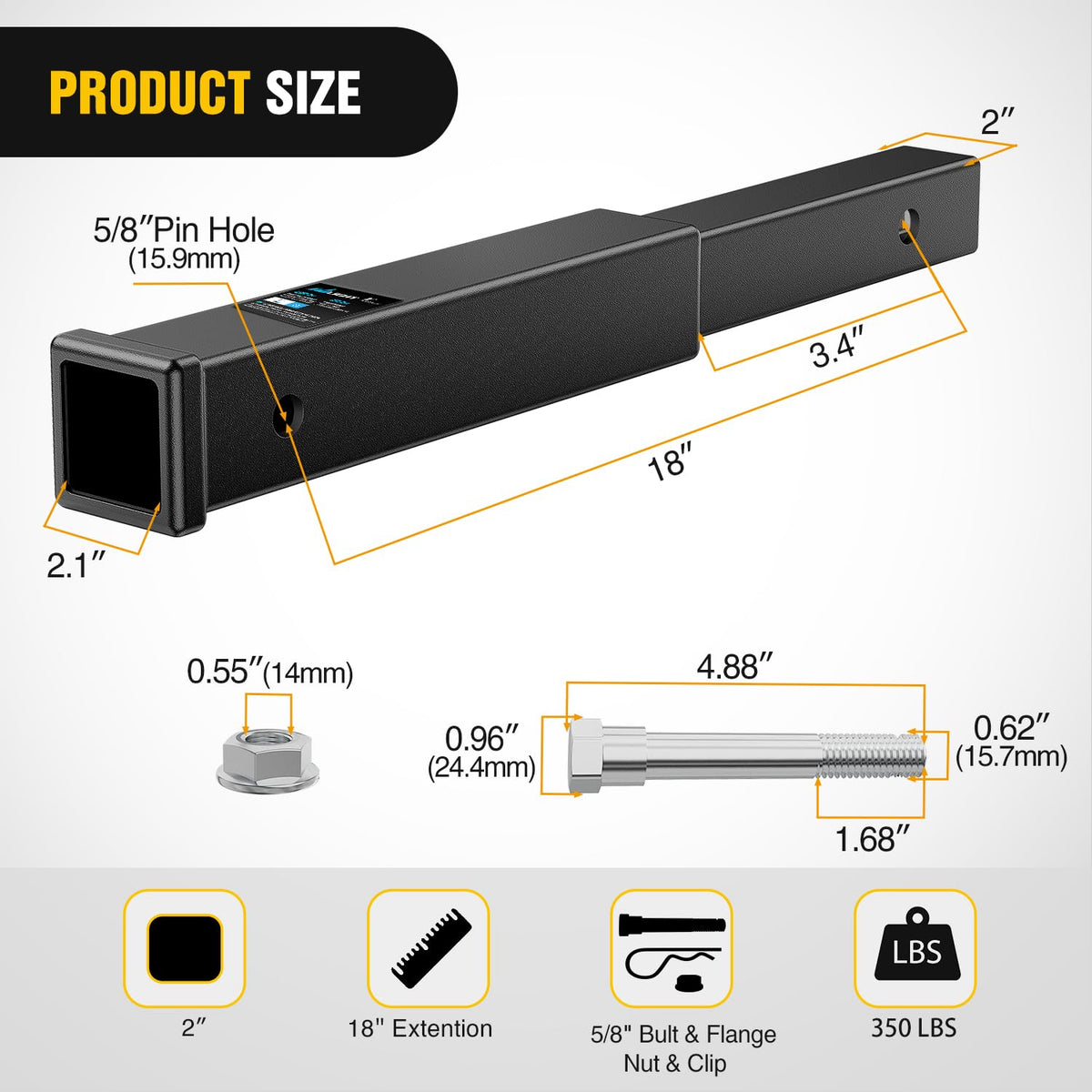 Nilight Trailer Hitch Extender 18 Inch Extension Length Fits for 2 Inch Receiver Tube with 5/8 Inch Stainless Steel Bolt Flange Nut and Clip 3,500 LBS GTW Matte Black