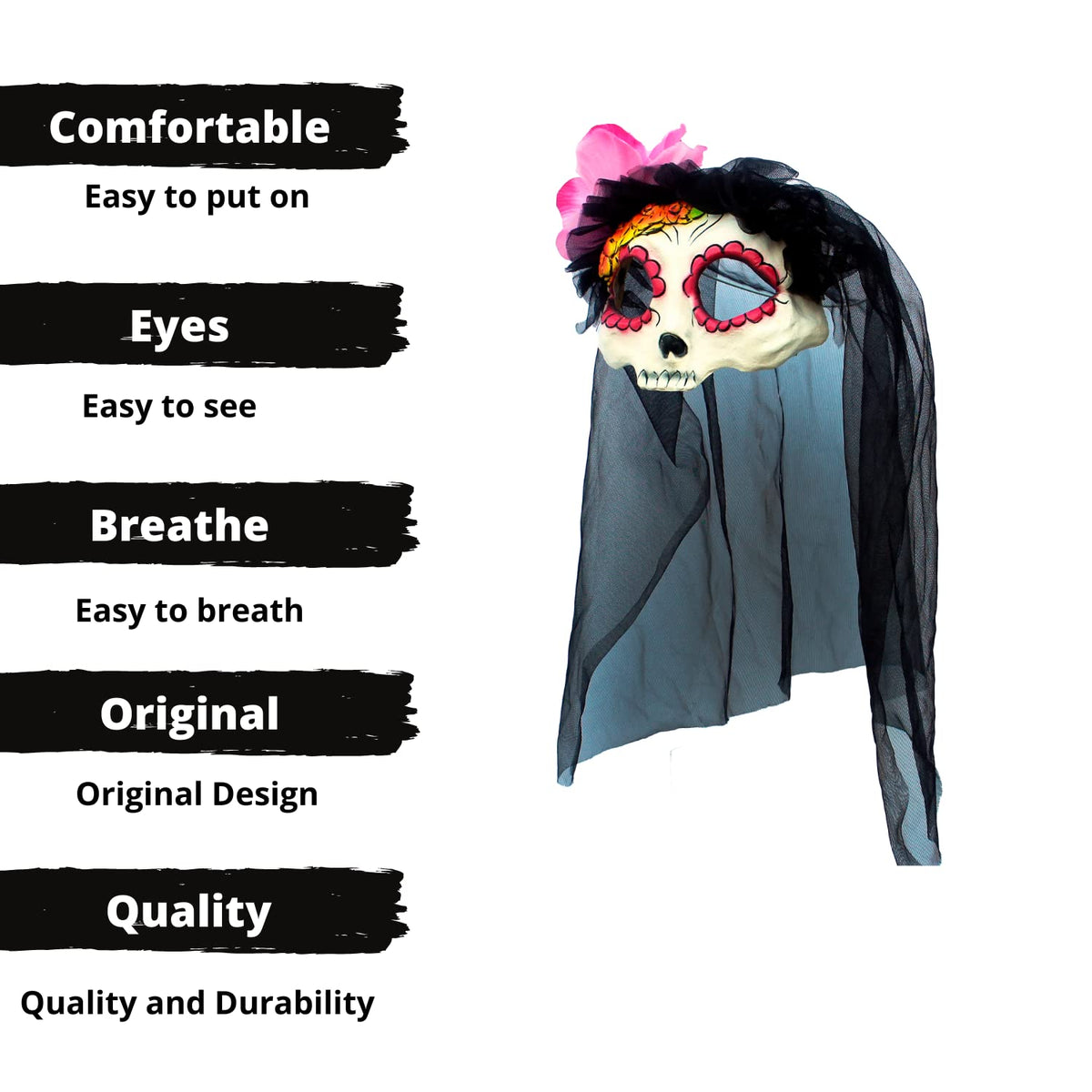 Catrina with Veil, Antifaz de Catrina con Velo, Ideal para Día de Muertos y Fiestas de Disfraces