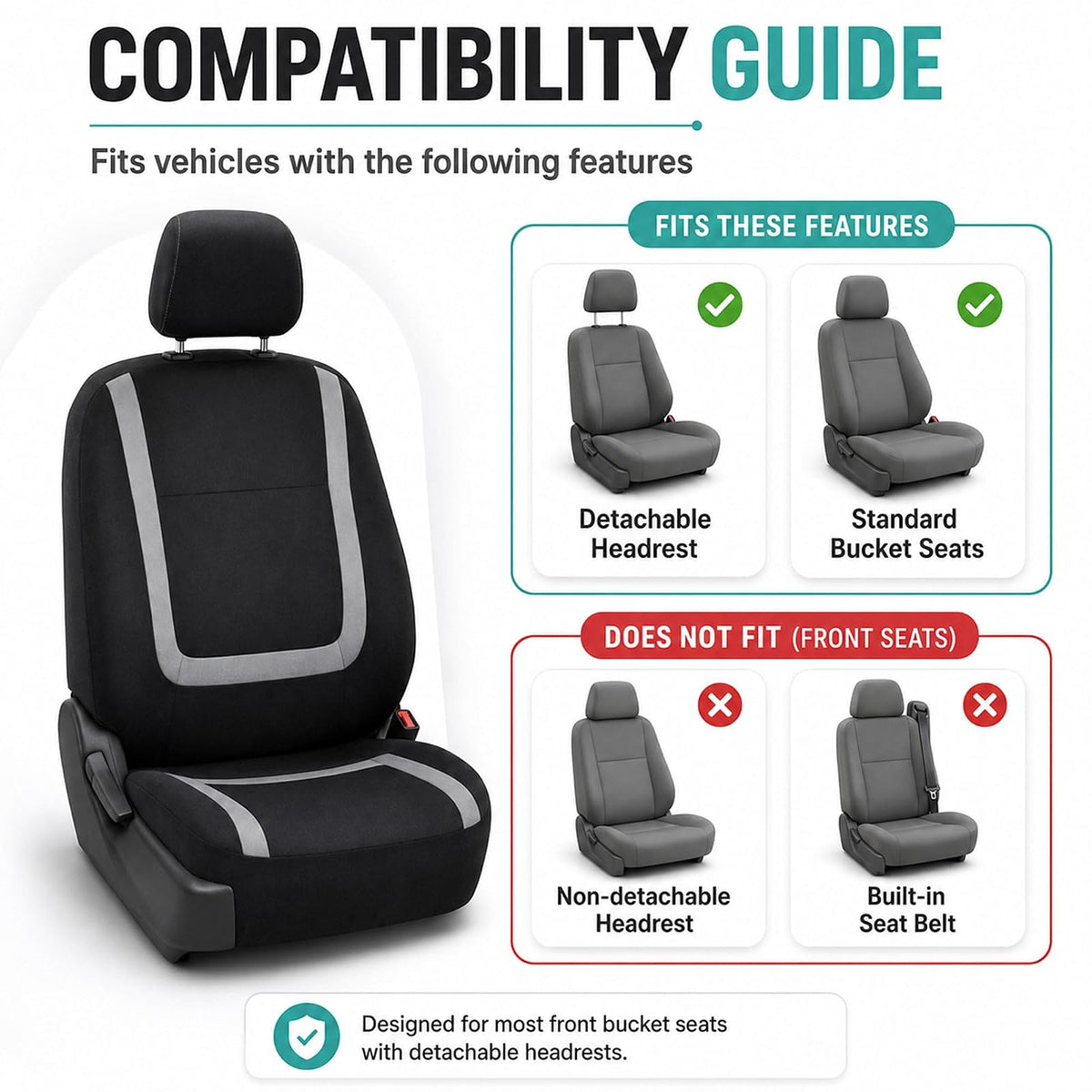 FH Group - Fundas de Tela para Asiento de Automóvil, Juego Delantero con reposacabezas extraíble, Ajuste Universal para Asientos de Respaldo bajo de SUV, sedán, Furgoneta, Gris