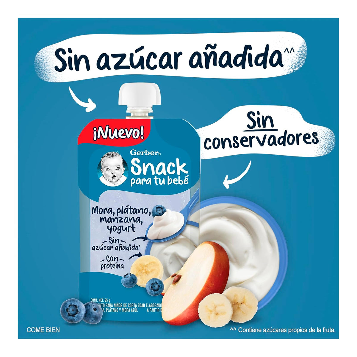 Gerber Snack Para Bebé Pouch, Etapa 4, Mora Azul, Plátano, Manzana y Yogurt, Caja con 12 Pouches de 95 g c/u