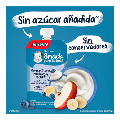 Gerber Snack Para Bebé Pouch, Etapa 4, Mora Azul, Plátano, Manzana y Yogurt, Caja con 12 Pouches de 95 g c/u