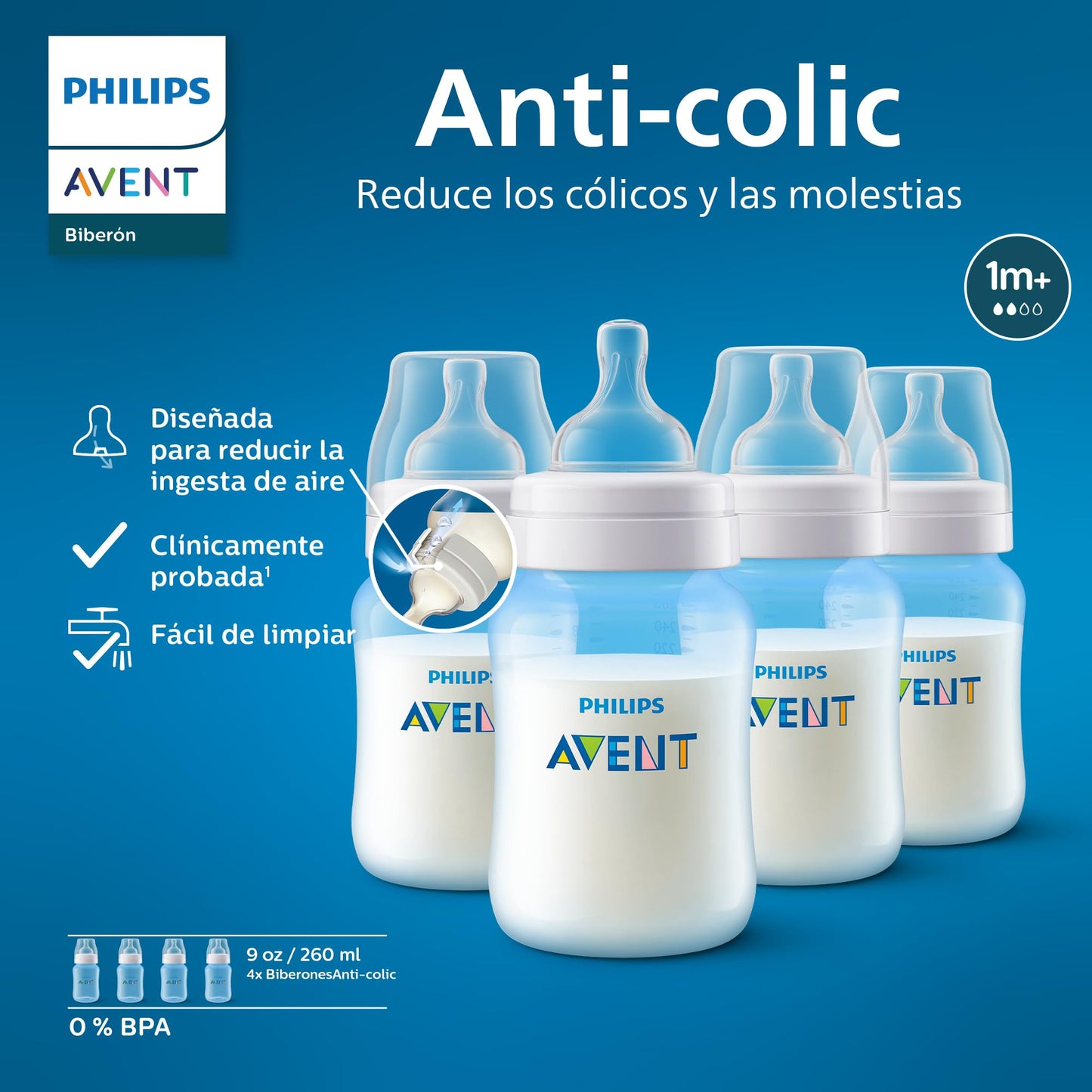 Philips Avent Biberón Anti-colic│con válvula anticólicos│Azul│9 oz/260 ml│1 m+│4 pzs│SCY121/20