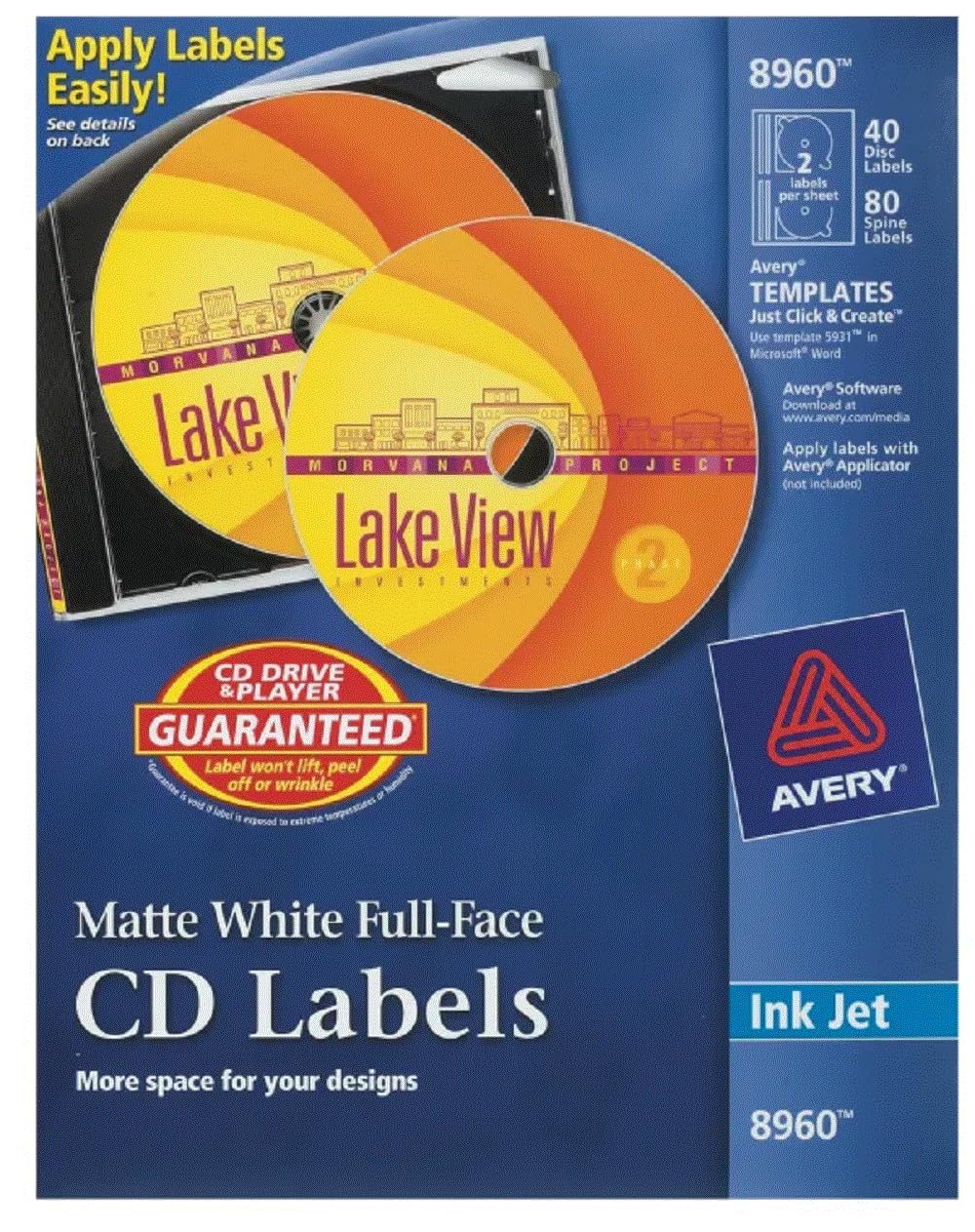AVERY Etiquetas de CD Cara Completa Blancas Mate, 120 Etiquetas (8960)