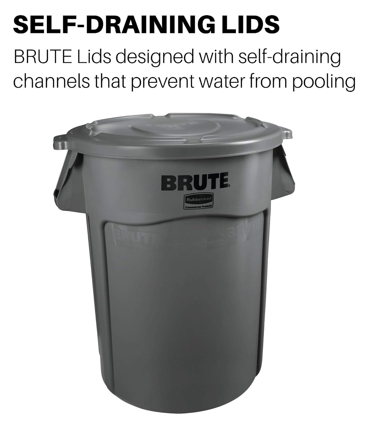 Rubbermaid Commercial Products BRUTE® – Tapa Plana para Contenedor con Cierre a Presión para Ajuste Seguro, Cuenta con Canales Antiacumulación de Agua, Capacidad de 75 L, Blanco FG261960WHT