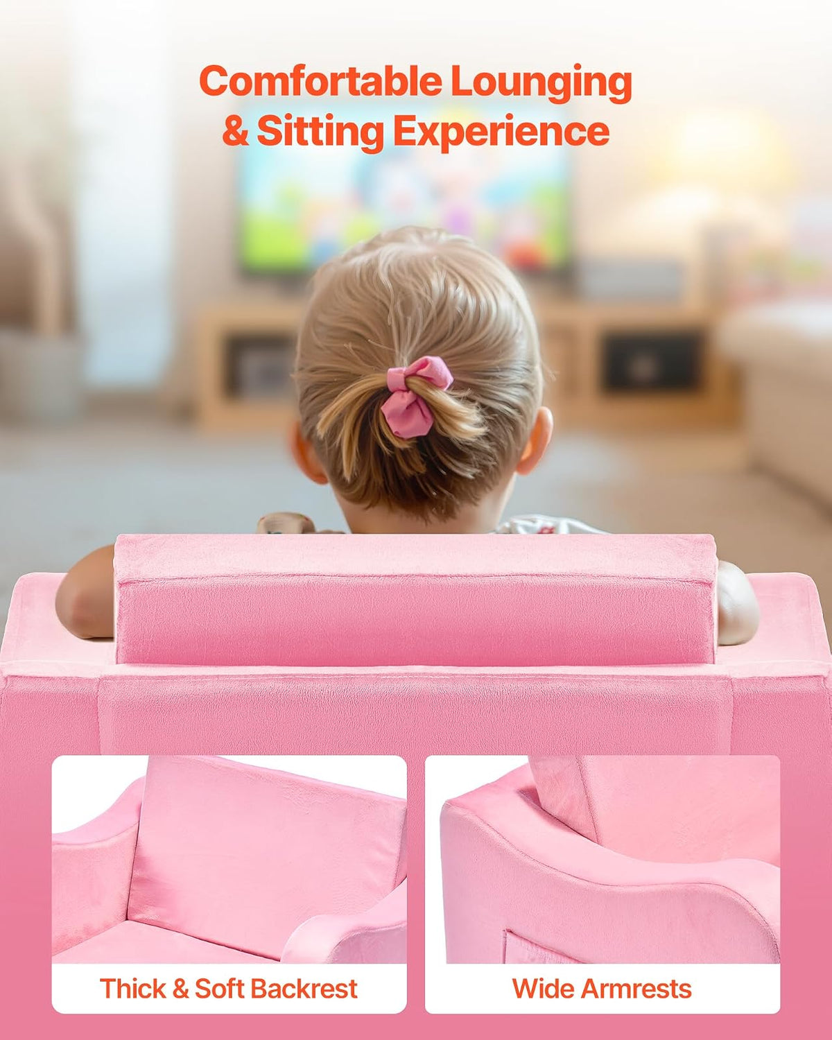 VEVOR Sofá Infantil 2 en 1, Convertible en Tumbona, Sofá Cama Plegable y Suave de Esponja 28D y Pelo Corto con Reposabrazos, Ideal para Jugar o Descansar Cómodamente para Niños, Talla M, Rosa