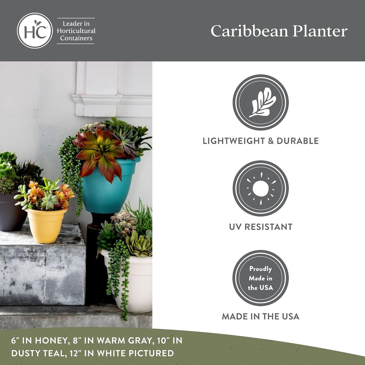 The HC Companies Maceta caribeña de 16 Pulgadas, Maceta Ligera de plástico para Interiores y Exteriores, para Hierbas y Flores, Color Negro