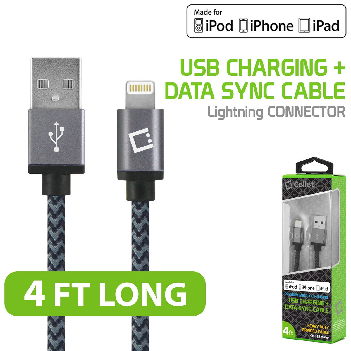 Cellet Cable de Datos y Carga con Conector Lightning a USB, 8 Pines, Autorizado por Apple, 1.2 m de Largo, Color Negro