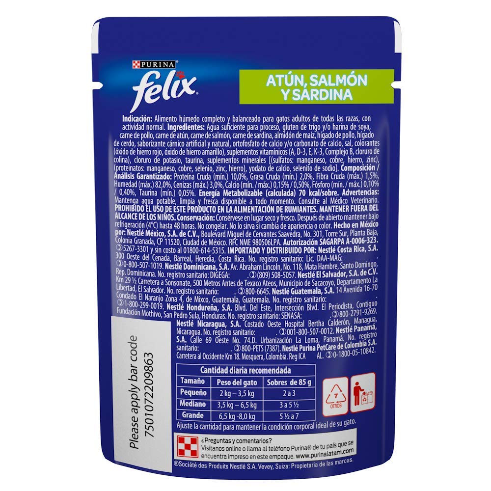 Felix Alimento Húmedo Sabor Atun Salmon y Sardina, Paquete con 24 Pzas de 85g