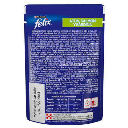 Felix Alimento Húmedo Sabor Atun Salmon y Sardina, Paquete con 24 Pzas de 85g