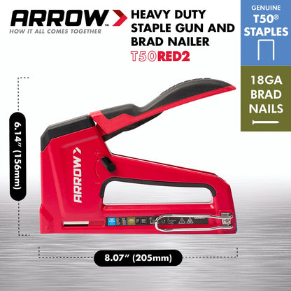 Arrow T50RED2 - Pistola de grapas manual de alta resistencia 2 en 1 y clavadora para tapicería, enmarcado, aislamiento, manualidades y muebles, rojo
