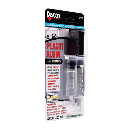 Adhesivo epóxico 5 Minutos® PLASTI Alum® DEVCON® jeringa 25 ml con Pigmento de Aluminio Secado rápido.