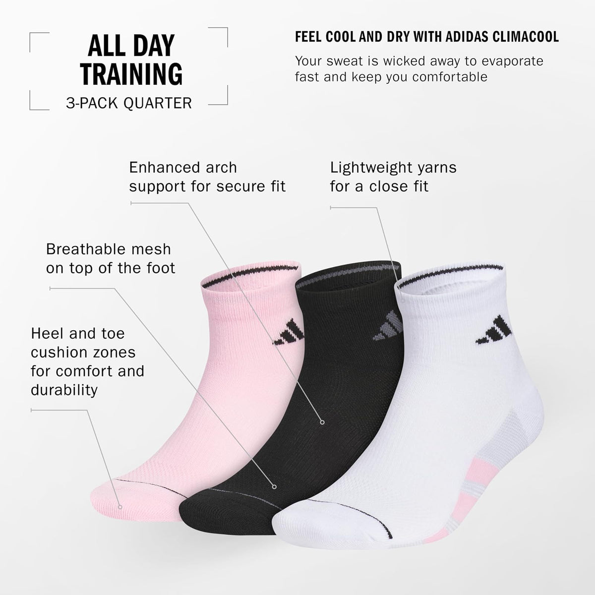 adidas All Day Training Quarter Socks Sports Performance Above the Ankle Height With Targeted Cushioning for Running (3-pair) Calcetín de cuarto Hombre