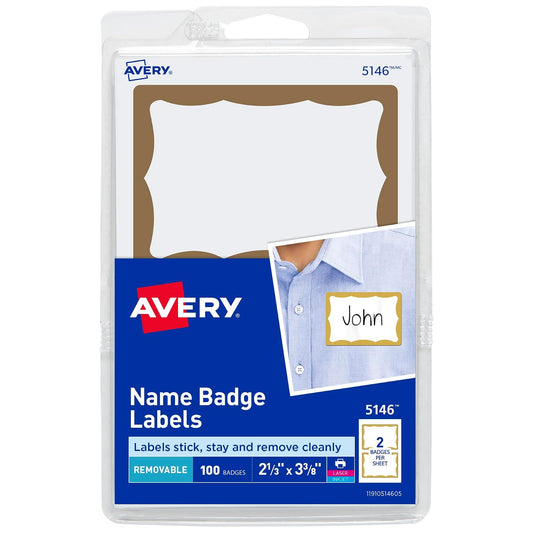 Avery 05146 - Etiquetas de nombre personalizables, 2-1/3" x 3-3/8", blanco con borde dorado, 100 insignias de nombre extraíbles