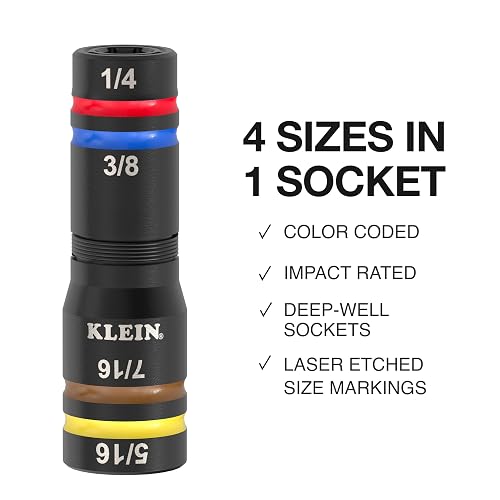 Klein Tools 653QS KNECT - Enchufe cuádruple, 12 tamaños en 3 enchufes, 4 en 1 con código de color SAE con clasificación de impacto, resistente, unidad de 1/4 y 3/8 pulgadas, eje de 3-1/2 y 6-1/2