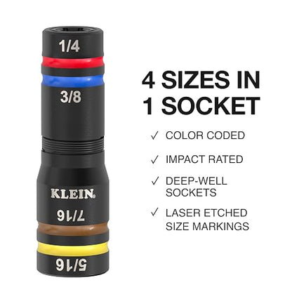 Klein Tools 653QS KNECT - Enchufe cuádruple, 12 tamaños en 3 enchufes, 4 en 1 con código de color SAE con clasificación de impacto, resistente, unidad de 1/4 y 3/8 pulgadas, eje de 3-1/2 y 6-1/2