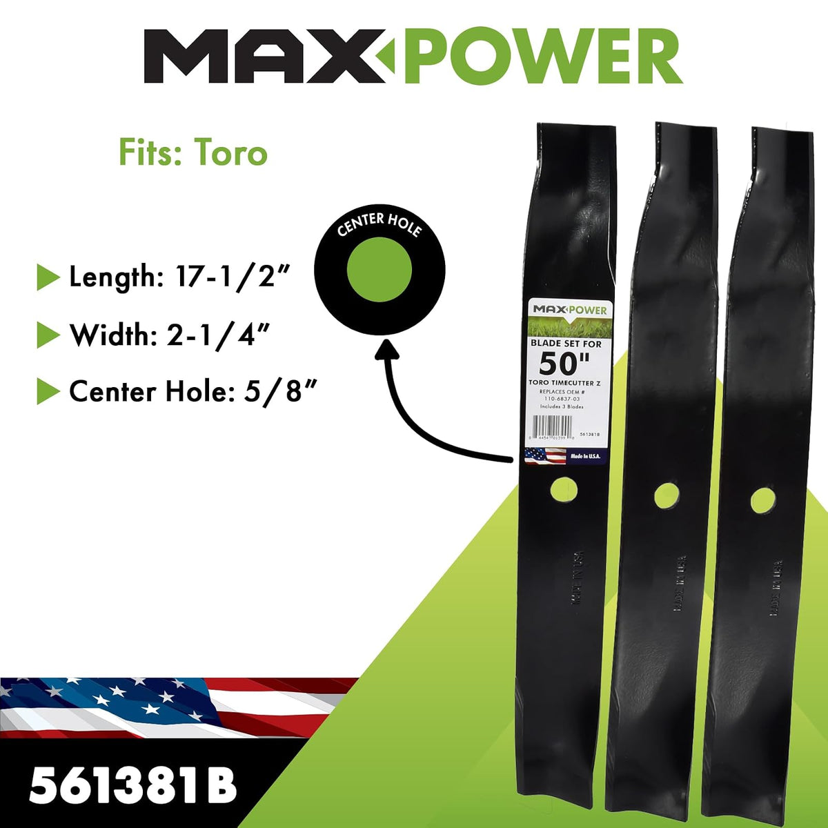 Maxpower 561381B - Juego de 3 Cuchillas de elevación Alta para cortacéspedes Toro Time Cutter Z de 50 Pulgadas reemplazan a OEM no. 110-6837-03, 115-5059-03, Negro