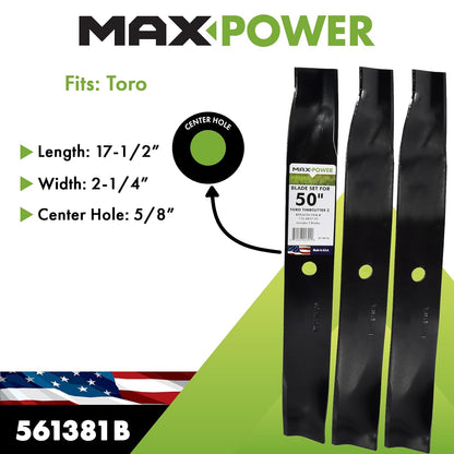 Maxpower 561381B - Juego de 3 Cuchillas de elevación Alta para cortacéspedes Toro Time Cutter Z de 50 Pulgadas reemplazan a OEM no. 110-6837-03, 115-5059-03, Negro