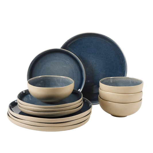 Gibson Elite Manila Bay - Juego de vajilla de gres de 12 piezas, servicio para 4, platos artesanales modernos de esmalte reactivo, cuencos y tazas, azul, diseño redondo