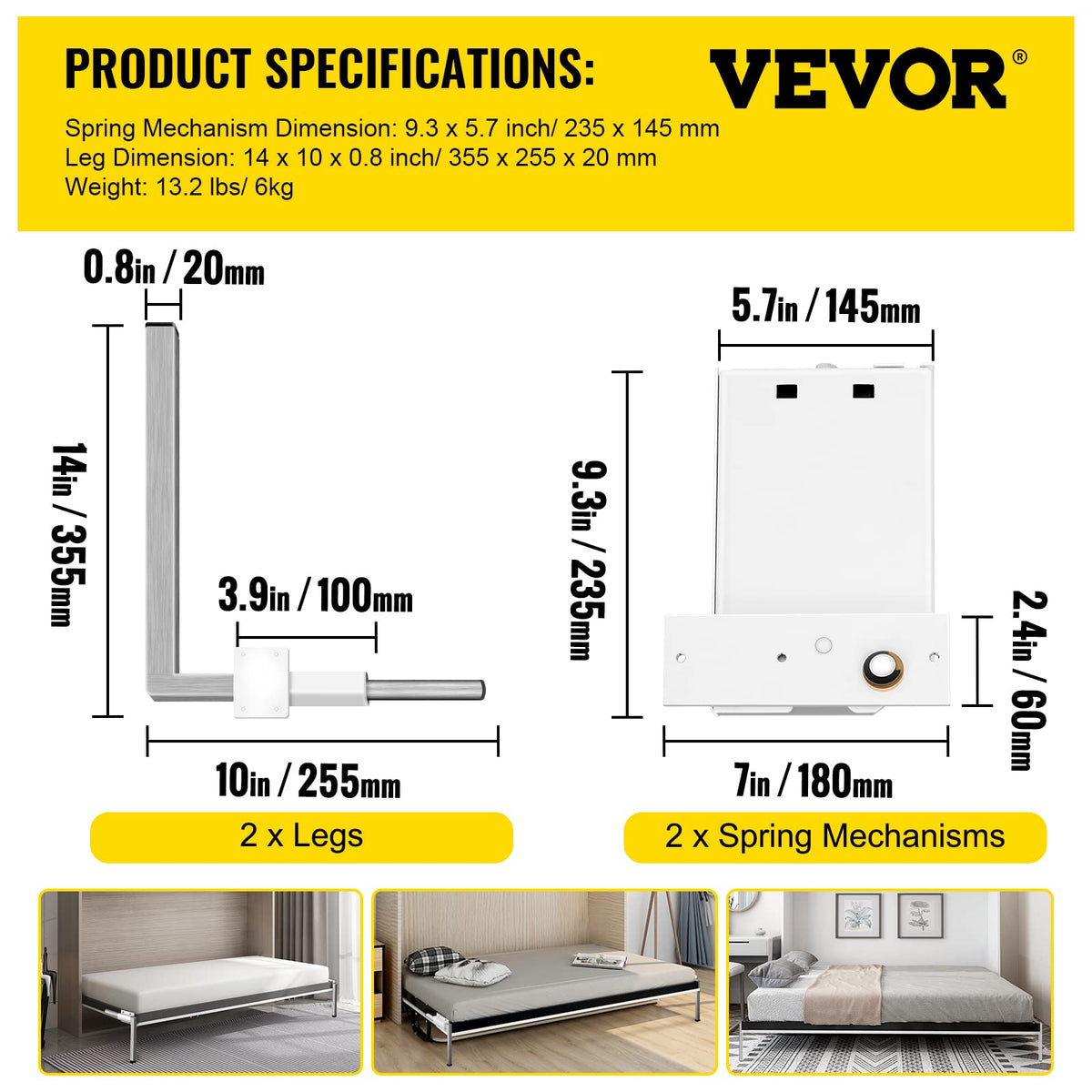 VEVOR Kit de Accesorios de Murphy Cama de Montaje Horizontal para Pared, Mecanismo de Muelles Resistente, Bricolaje para Tamaño Queen Individual, Blanco, 38 * 28.5 * 6