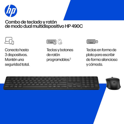 HP Combo de Teclado y Mouse multidispositivo Modo Dual 490C, Negro (BE1P9AA)