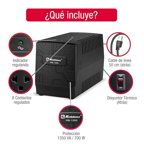 Koblenz Regulador Electrónico de Voltaje de 1350 VA / 700 W con 8 Contactos Regulados, con Luz LED, Supresor de Picos, Ideal para Televisiones y Computadoras, para Hogar y Oficina RB-1350