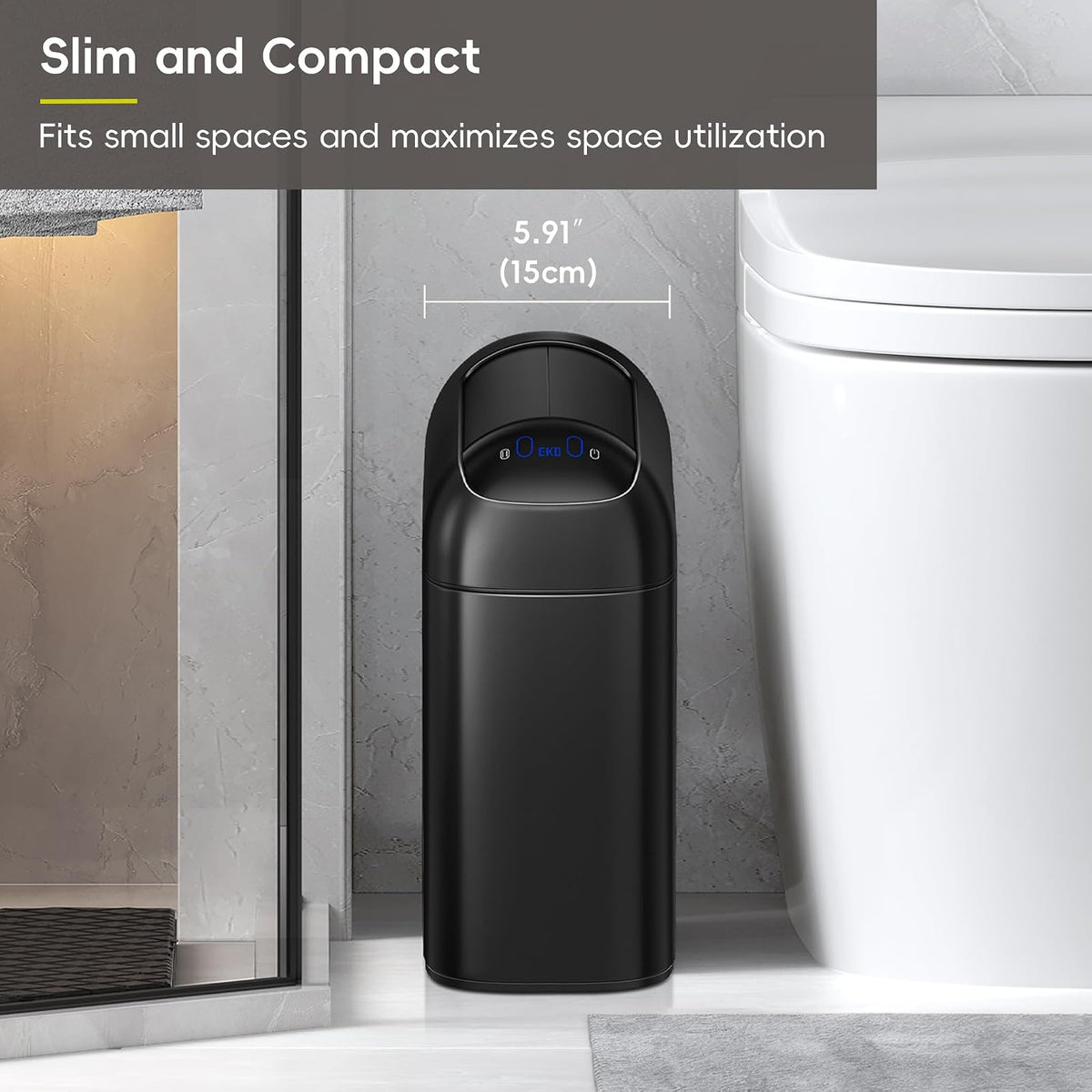 EKO Astro Slim - bote de basura con sensor, 10 litros/2.6 galones sin contacto con tapa de mariposa de cierre suave, sensor de movimiento de acero inoxidable para baño, cocina y oficina, negro mate
