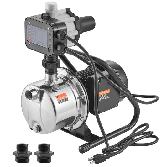 VEVOR Bomba de pozo poco profundo portátil de 1 CV, bomba de chorro de jardín de 1380 GPH con driver automático, bombas de refuerzo de aspersor de acero inoxidable de 150 pies, para sistema de riego
