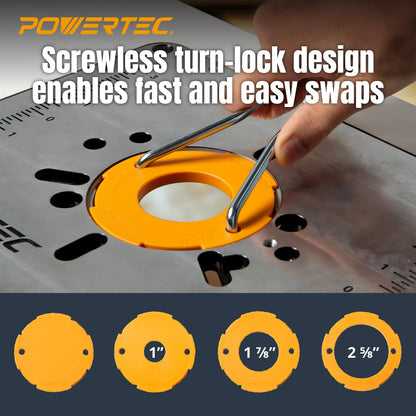 POWERTEC Placa de inserción de mesa de enrutador Bosch, DeWalt, Makita y | Placa de inserción de aluminio de precisión, tornillo de nivelación, pasador de arranque para carpintería con tablas de